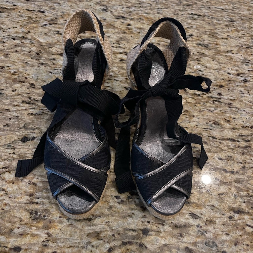 COACH Black Sig 12CM MILA Rope Platform Ankle Wrap Espadrille Wedge Sandal Sz 7